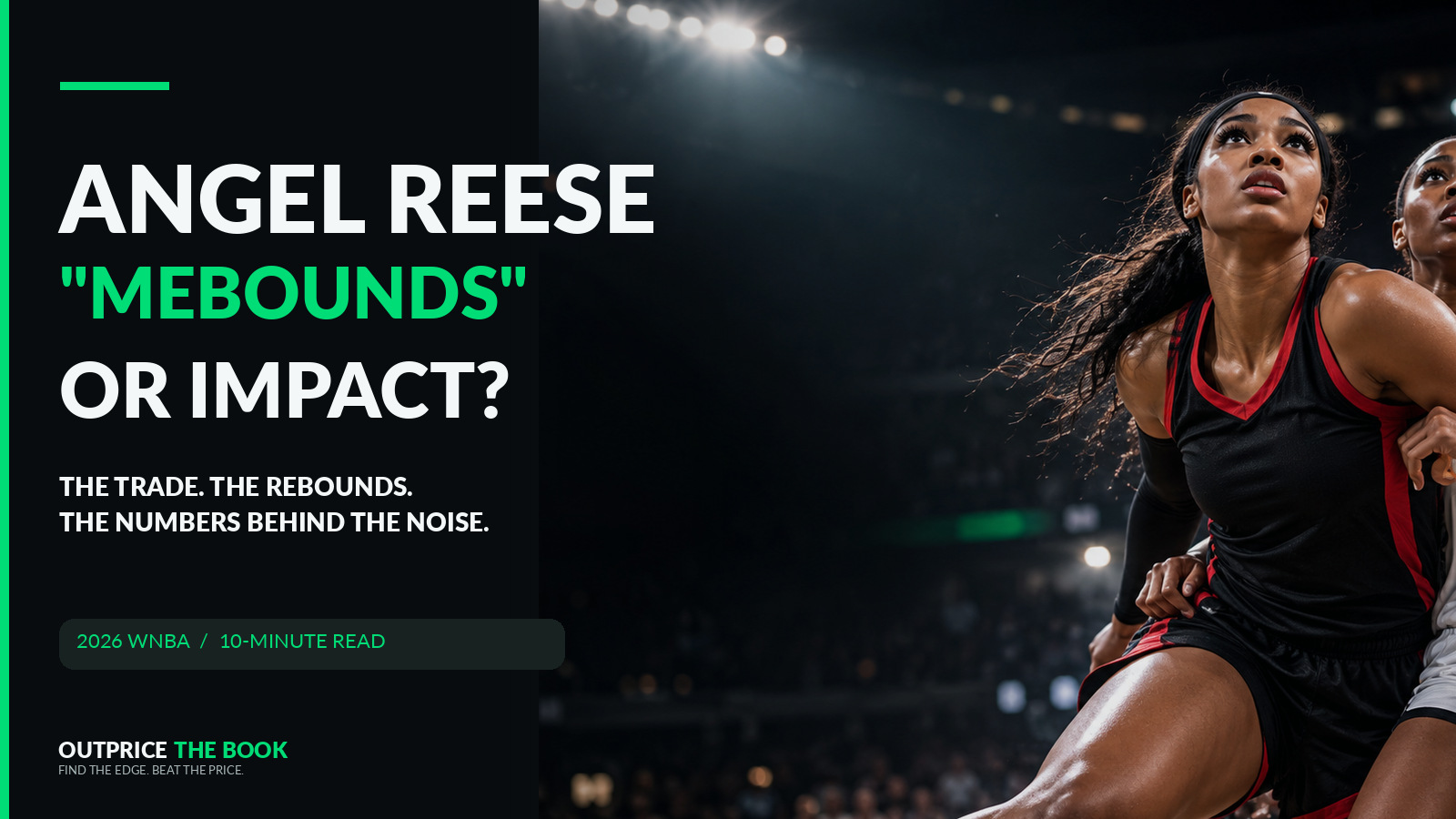 AI-generated editorial basketball illustration for Angel Reese analysis; not a photograph of a real WNBA game. Headline: Angel Reese — “Mebounds” or impact? The trade. The rebounds. The numbers behind the noise.