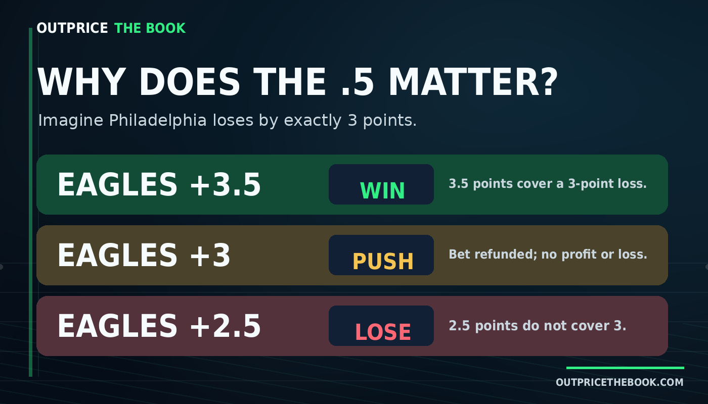 Eagles losing by three means plus 3.5 wins, plus 3 pushes, and plus 2.5 loses.